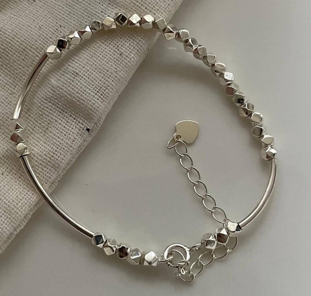 Silver Cube Bead Bracelets with Curved Bar With Heart Tag Extension Chain