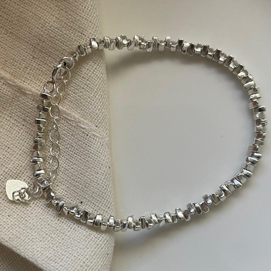 Irregular Silver Chip Bead Bracelets with Heart Tag Adjustable Extension Chain