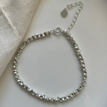 Irregular Silver Chip Bead Bracelets with Heart Tag Adjustable Extension Chain