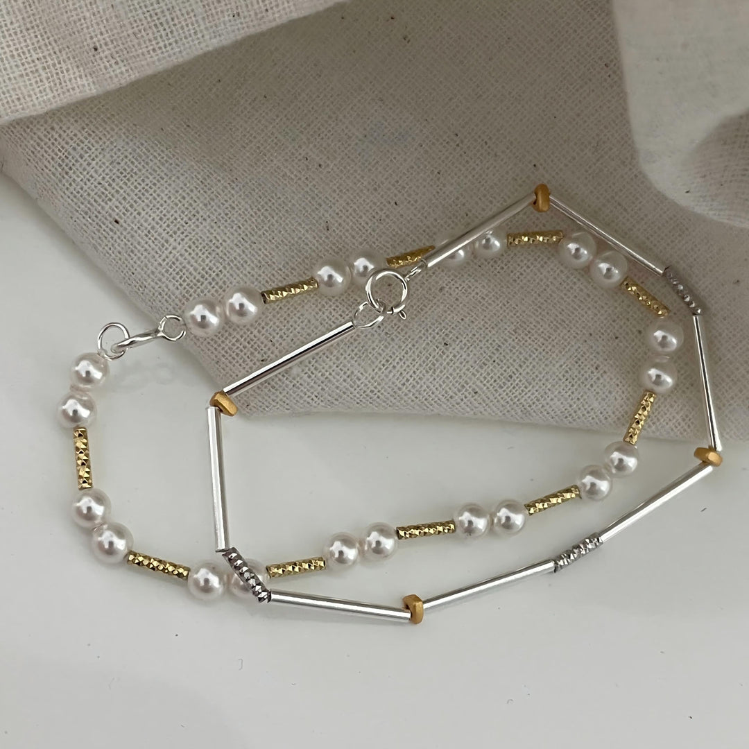 Two Tone Metal Tube White Pearl Bead Bracelets with Mixed Thin Textured Beads