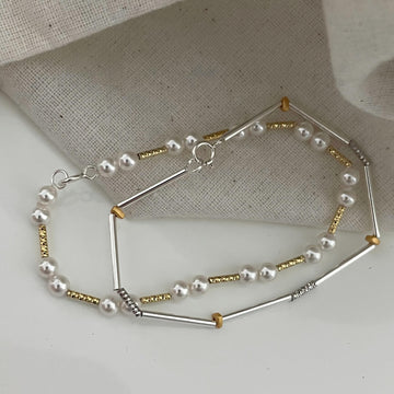 Two Tone Metal Tube White Pearl Bead Bracelets with Mixed Thin Textured Beads