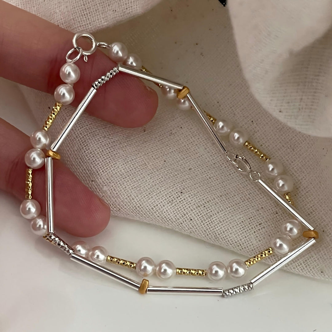 Two Tone Metal Tube White Pearl Bead Bracelets with Mixed Thin Textured Beads