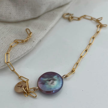 Purple Flat Baroque Pearl Bead Bracelets with Gold Paperclip Chain Custom Letter Tag