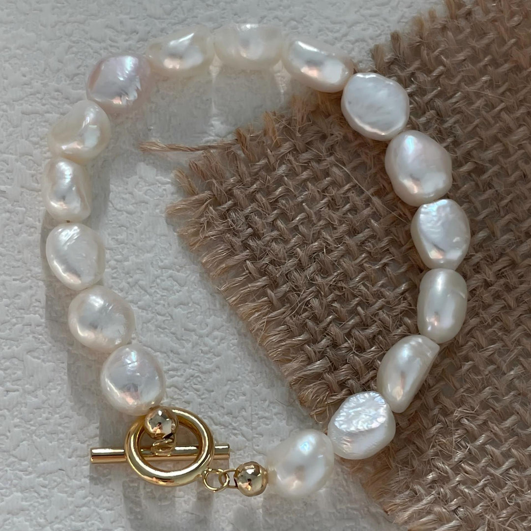 Natural Irregular Baroque Pearl Bead Bracelets with Classic Gold OT Toggle Clasp