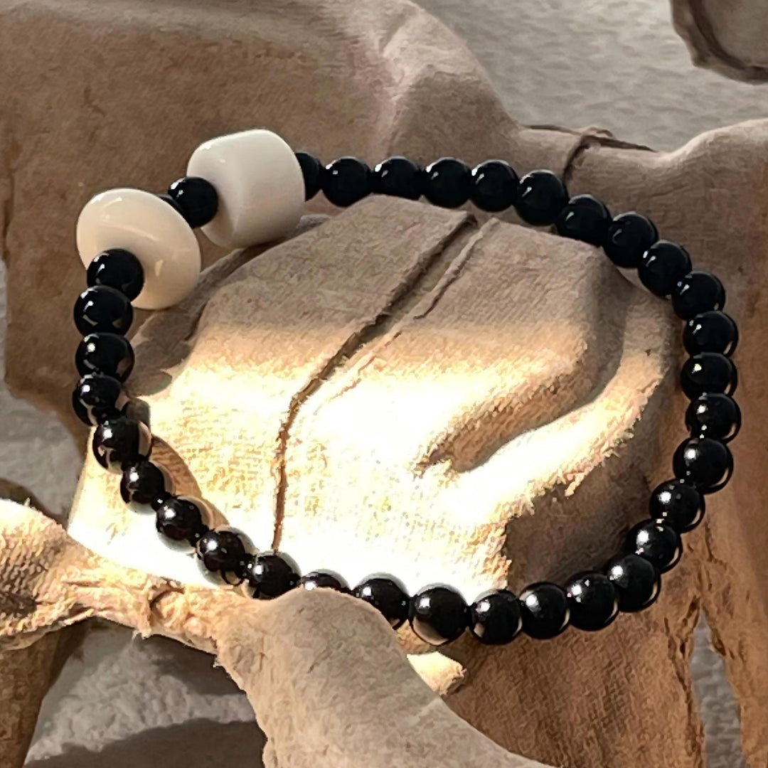 Black Agate Round Bead Bracelets with Two White Square Stone Decor Stackable
