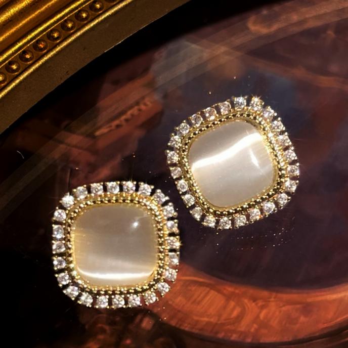 Gold Square Cat Eye Crystal Zircon Stud Earrings