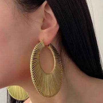 Textured Gold Oval Hoop Earrings Fan Striped Drop Earrings