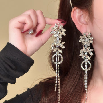 Long Crystal Tassel Drop Earrings Leaf Zircon Dangling Earrings