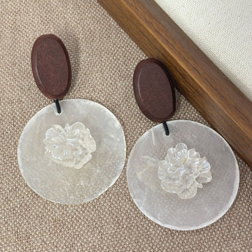 Wood Oval Capiz Shell Floral Drop Earrings