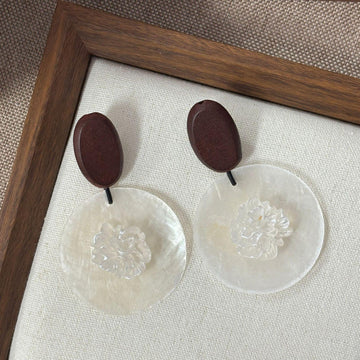 Wood Oval Capiz Shell Floral Drop Earrings