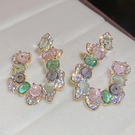 U Shape Multi Color Zircon Hoop Earrings Gold Crystal Stud Earrings