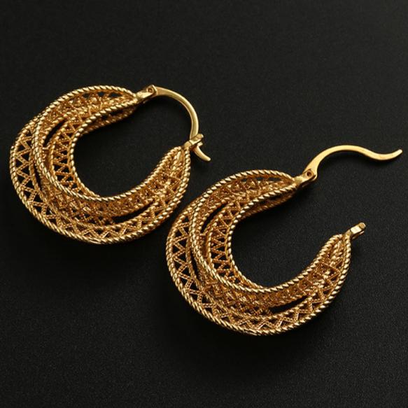 Vintage Hollow Mesh Gold Hoop Earrings Multi Layer Croissant Earrings