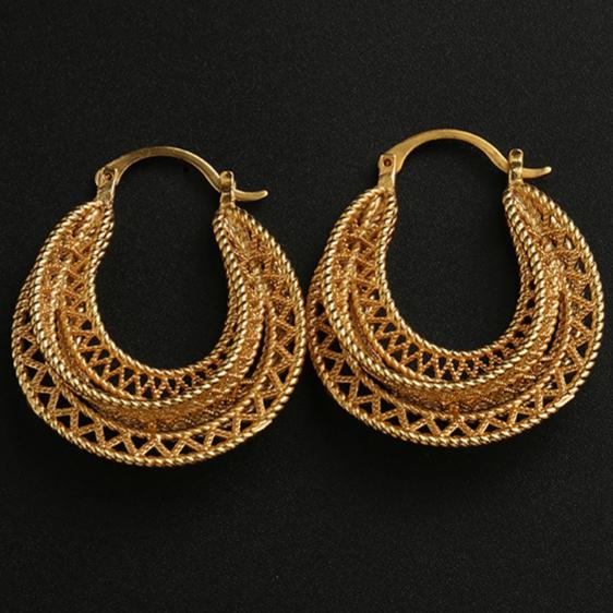 Vintage Hollow Mesh Gold Hoop Earrings Multi Layer Croissant Earrings