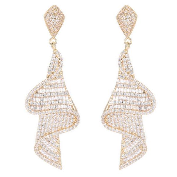 Ribbon Shape Full Paved Zircon Long Drop Earrings Gold Dangle Earrings