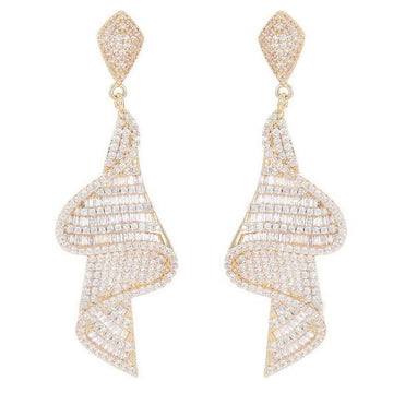 Ribbon Shape Full Paved Zircon Long Drop Earrings Gold Dangle Earrings