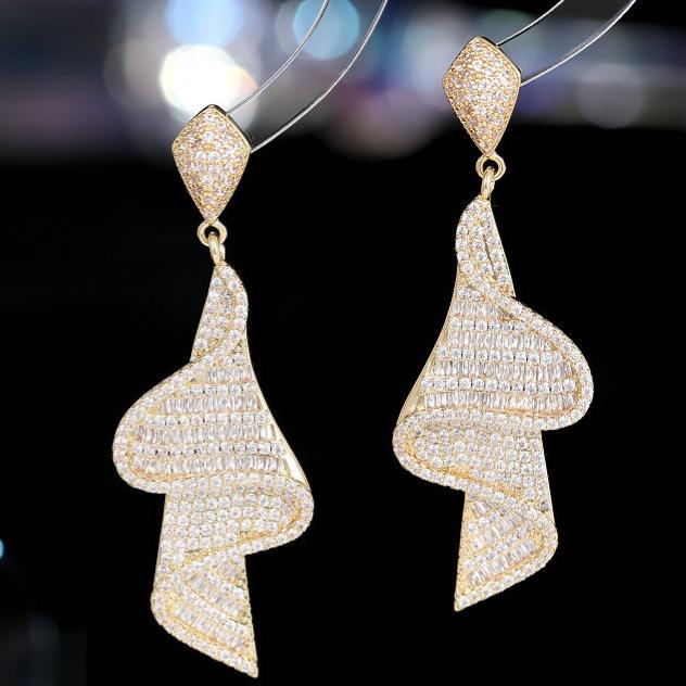 Ribbon Shape Full Paved Zircon Long Drop Earrings Gold Dangle Earrings
