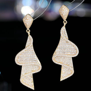 Ribbon Shape Full Paved Zircon Long Drop Earrings Gold Dangle Earrings