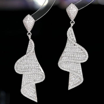 Ribbon Shape Full Paved Zircon Long Drop Earrings Gold Dangle Earrings