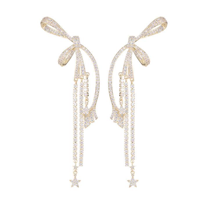 Bow Zircon Tassel Drop Earrings Star Charm Long Dangle Earrings