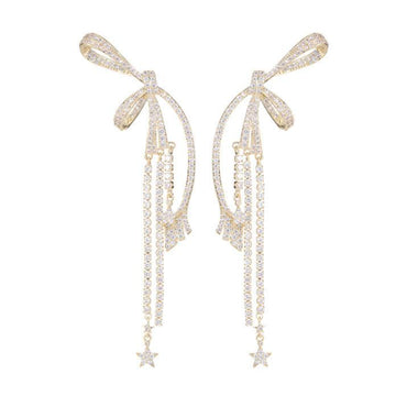 Bow Zircon Tassel Drop Earrings Star Charm Long Dangle Earrings