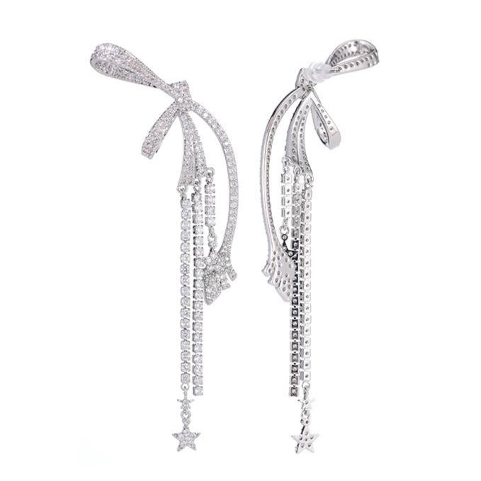 Bow Zircon Tassel Drop Earrings Star Charm Long Dangle Earrings