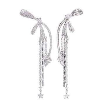Bow Zircon Tassel Drop Earrings Star Charm Long Dangle Earrings