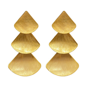 Brushed Gold Triple Fan Shape Drop Earrings Layered Dangle Earrings