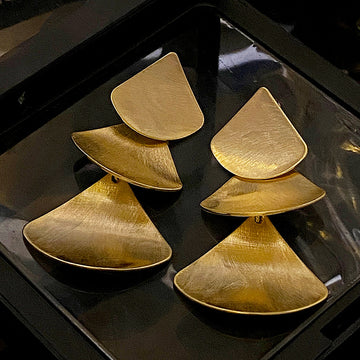 Brushed Gold Triple Fan Shape Drop Earrings Layered Dangle Earrings