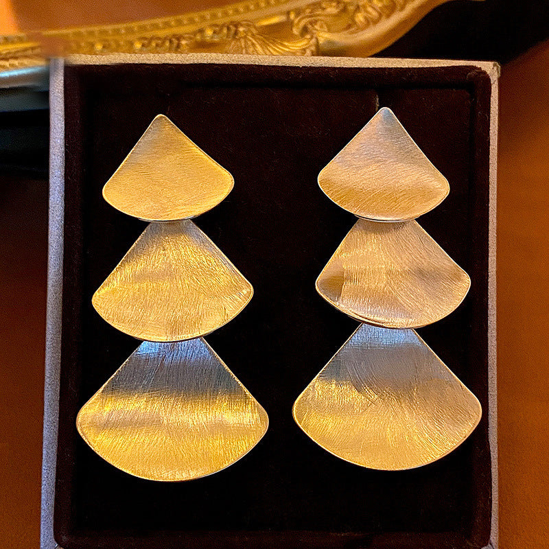 Brushed Gold Triple Fan Shape Drop Earrings Layered Dangle Earrings