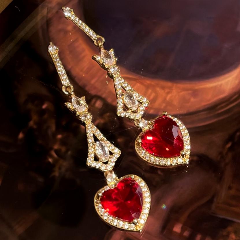 Red Heart Zircon Long Drop Earrings Gold Vintage Dangle Earrings