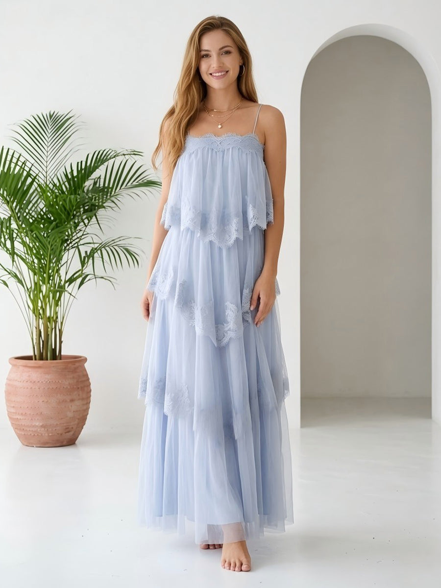 Spaghetti Straps A Line Tiered Tulle Evening Dresses