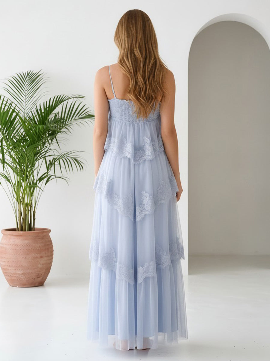 Spaghetti Straps A Line Tiered Tulle Evening Dresses