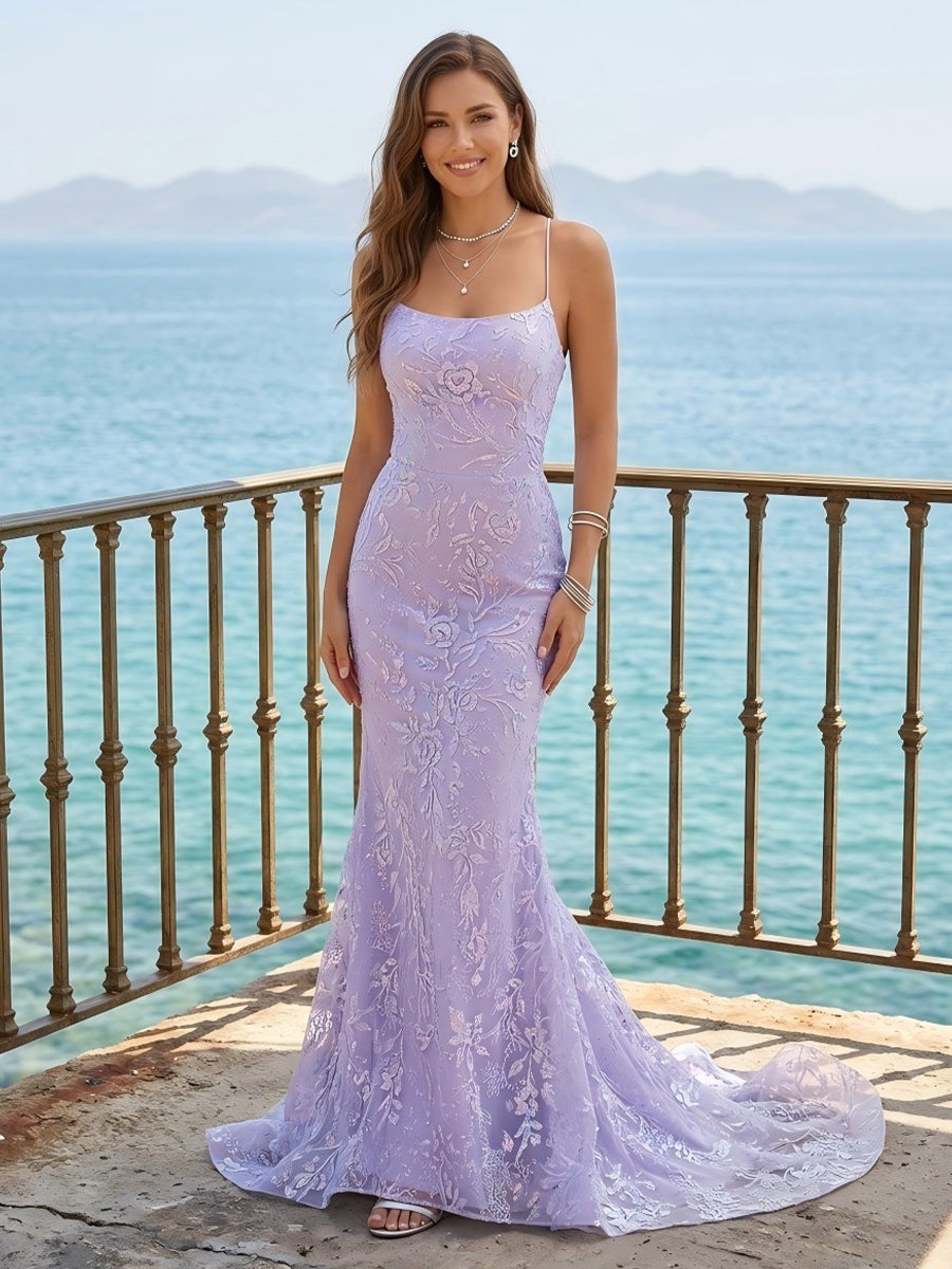 Spaghetti Straps Mermaid Lace Applique Evening Dresses