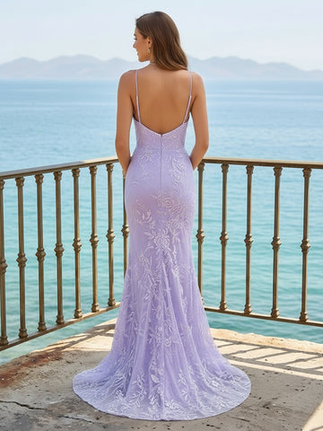 Spaghetti Straps Mermaid Lace Applique Evening Dresses