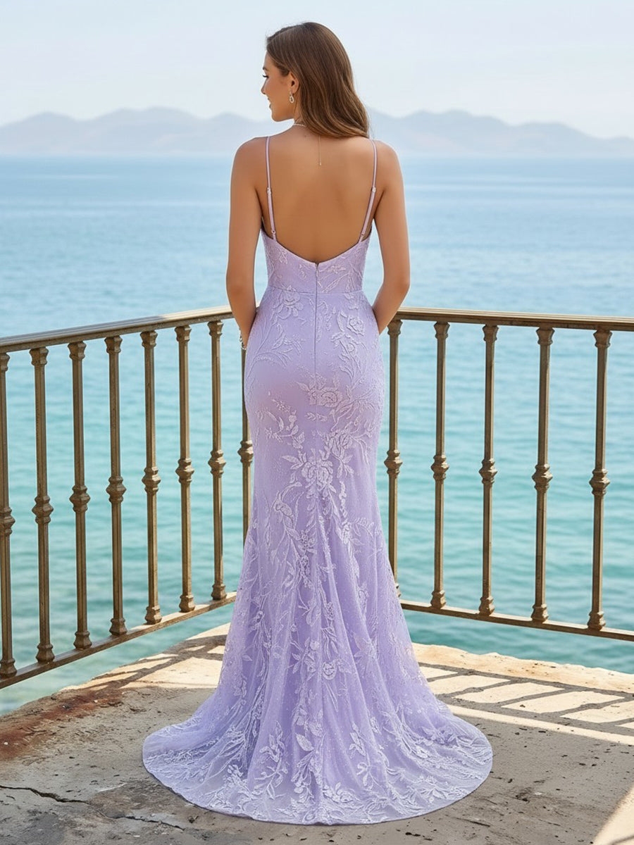 Spaghetti Straps Mermaid Lace Applique Evening Dresses