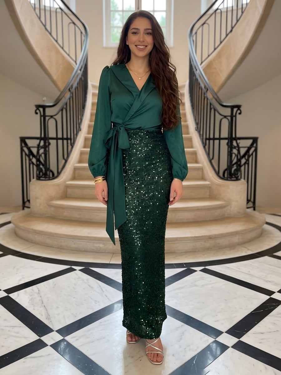 V Neck Mermaid Long Sleeves Sequins Evening Dresses