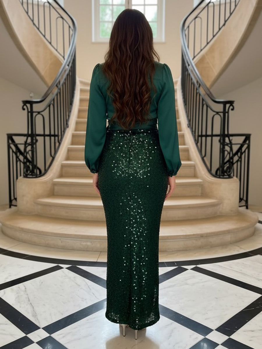 V Neck Mermaid Long Sleeves Sequins Evening Dresses
