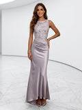 Jewel Mermaid Lace Applique Satin Evening Dresses