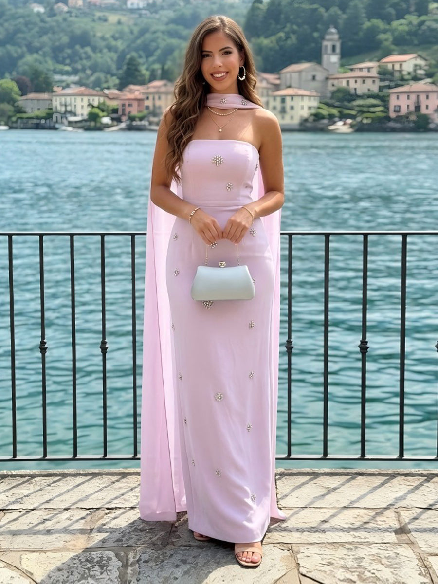 Strapless Mermaid Chiffon Sequins Evening Dresses with Scarf