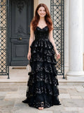 V Neck A Line Tiered Tulle Appliques Evening Dresses