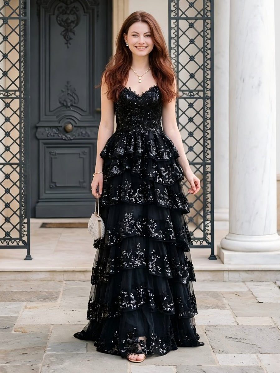 V Neck A Line Tiered Tulle Appliques Evening Dresses
