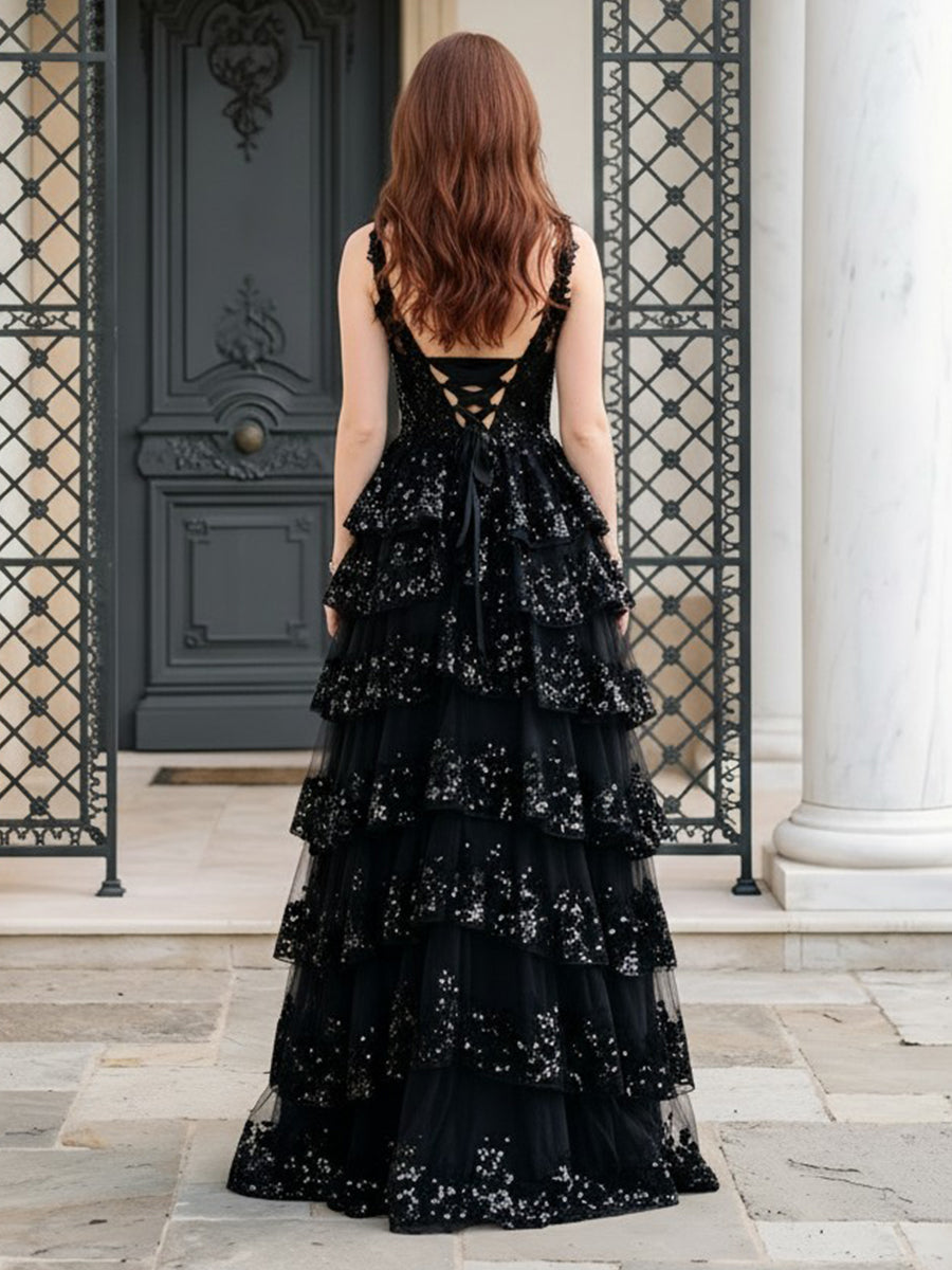 V Neck A Line Tiered Tulle Appliques Evening Dresses