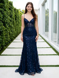 Spaghetti Straps Sheath Mermaid Sequins Evening Dresses
