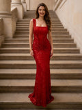 Square Neck Sheath Mermaid Sequins Evening Dresses