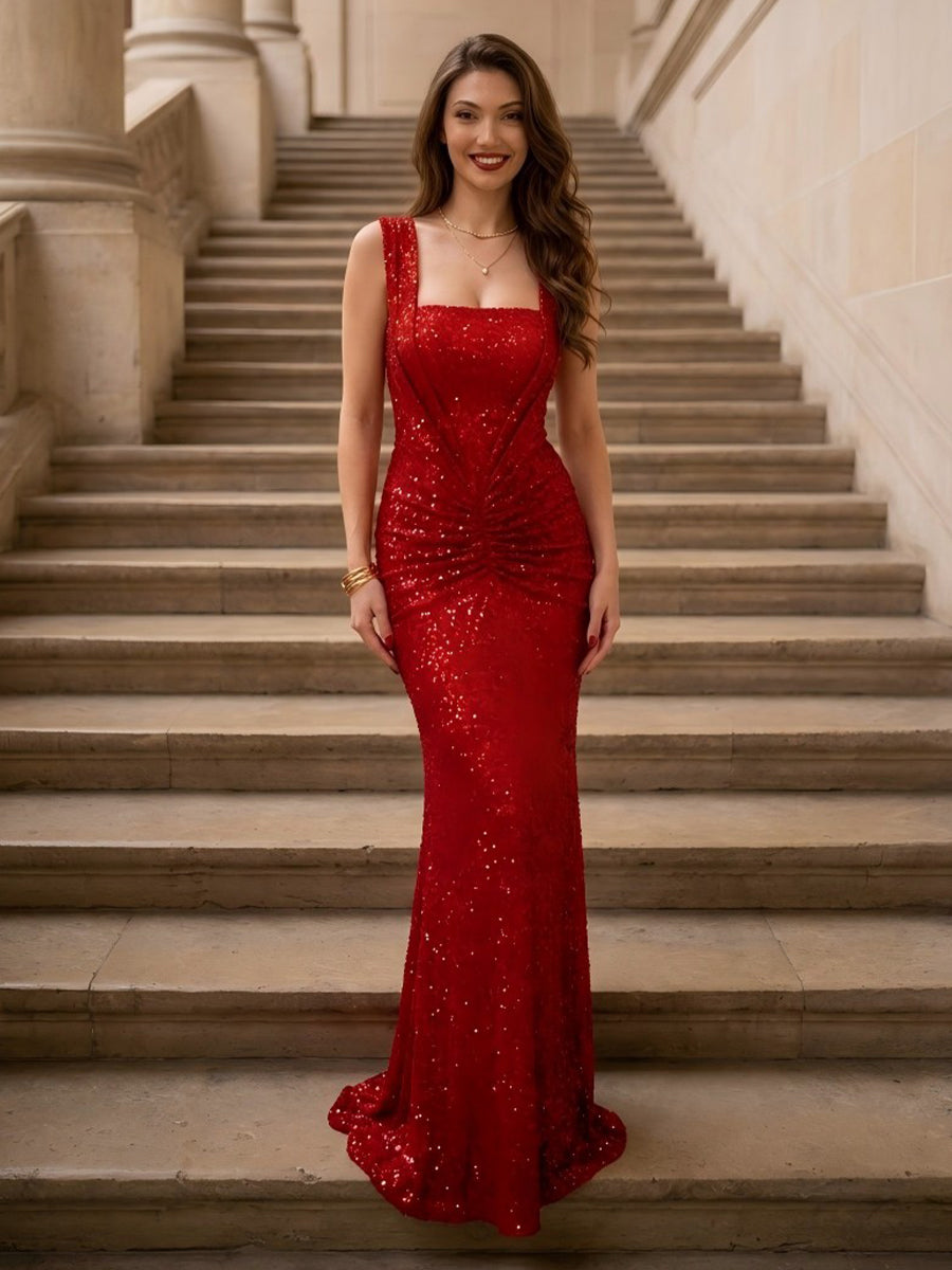 Square Neck Sheath Mermaid Sequins Evening Dresses