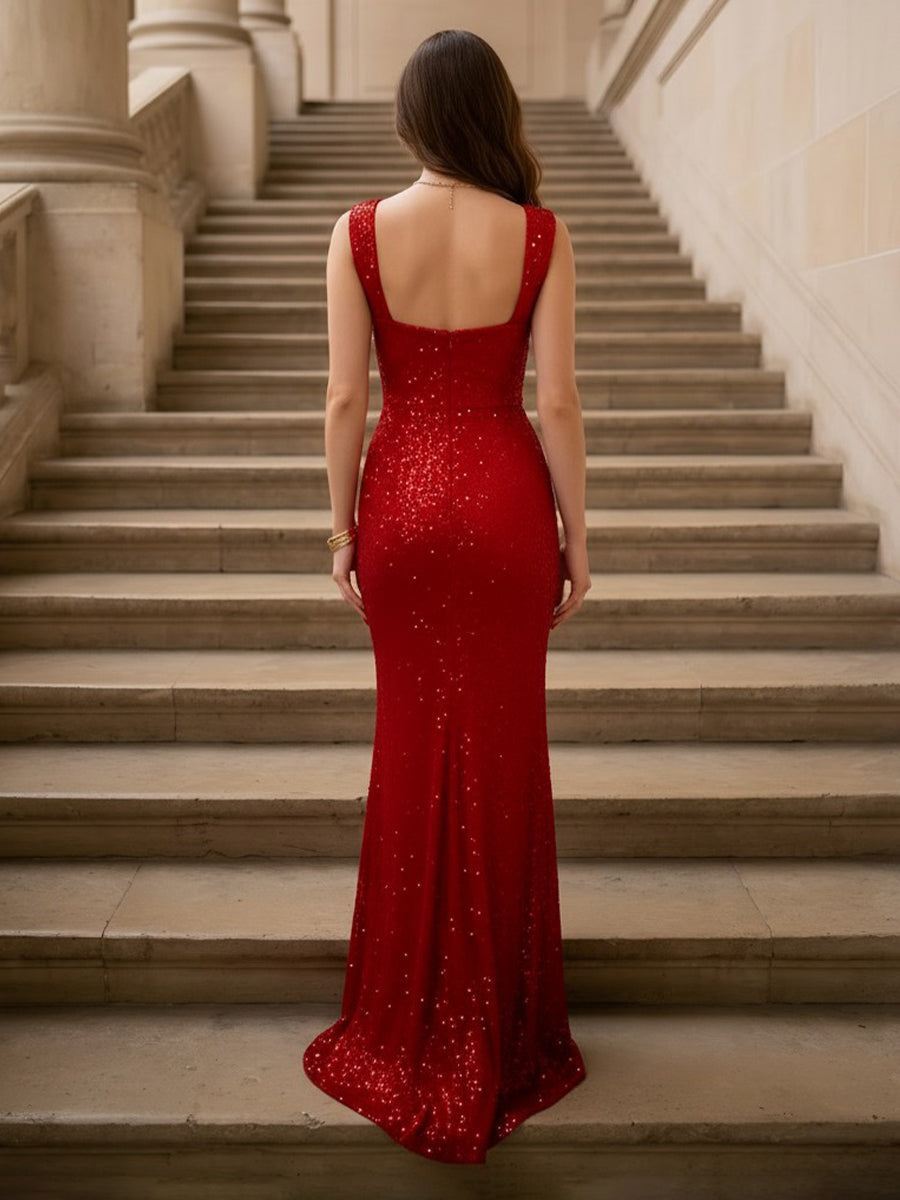 Square Neck Sheath Mermaid Sequins Evening Dresses