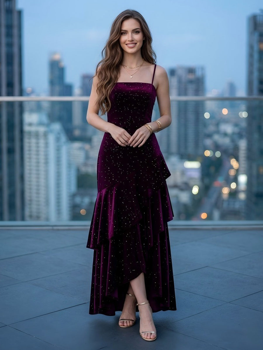 Spaghetti Straps A Line Tiered Velvet Evening Dresses