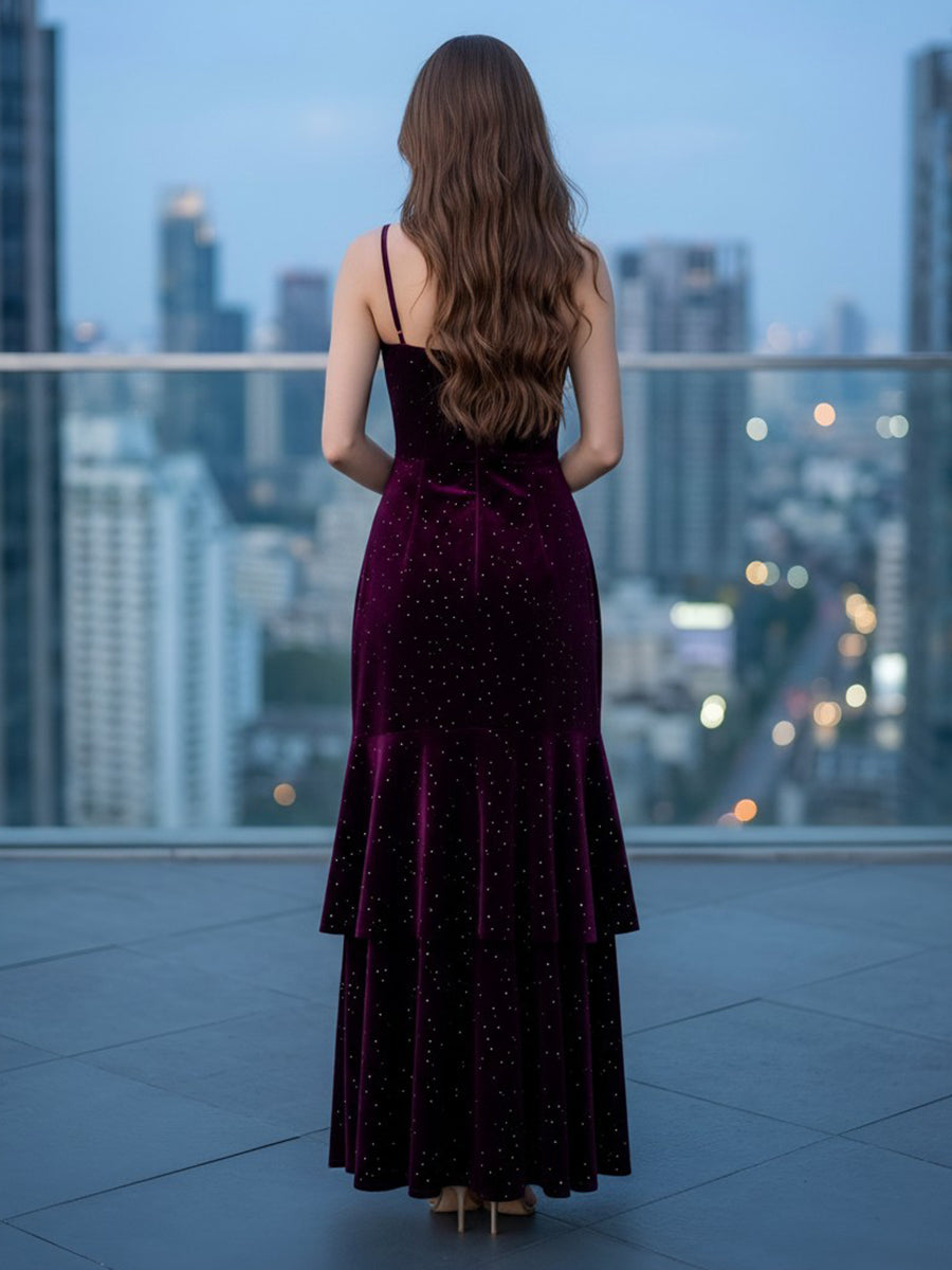Spaghetti Straps A Line Tiered Velvet Evening Dresses