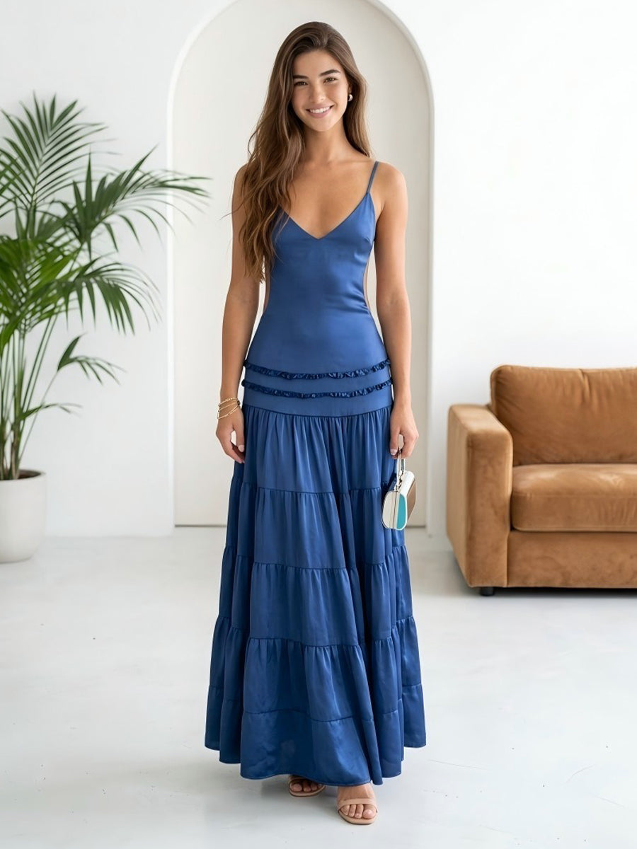Spaghetti Straps A Line Tiered Satin Evening Dresses