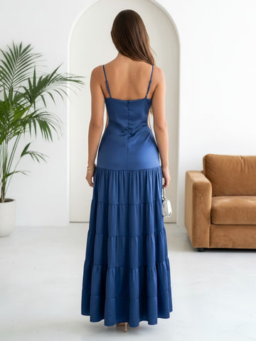 Spaghetti Straps A Line Tiered Satin Evening Dresses